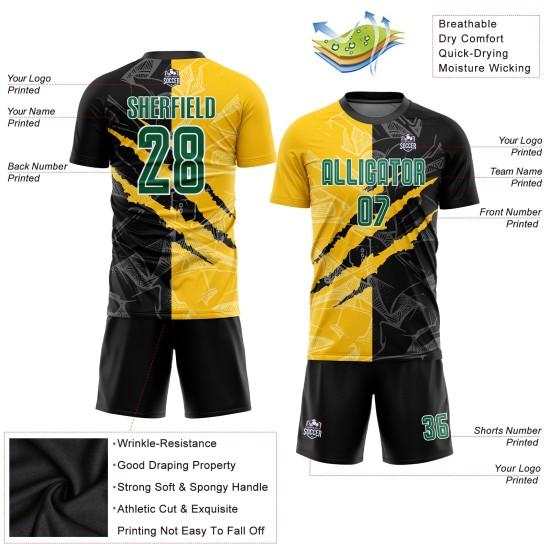 Maillot d'uniforme de football à motif graffiti personnalisé Kelly Green noir-jaune à gratter par sublimation Maillot d'uniforme de football à motif graffiti personnalisé Kelly Green noir-jaune à gratter par sublimation