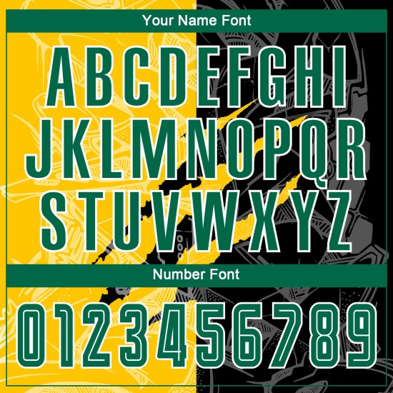 Maillot d'uniforme de football à motif graffiti personnalisé Kelly Green noir-jaune à gratter par sublimation Maillot d'uniforme de football à motif graffiti personnalisé Kelly Green noir-jaune à gratter par sublimation