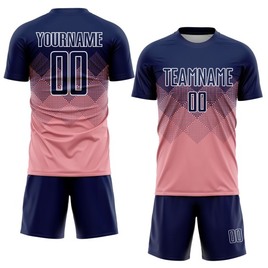 Maillot de football personnalisé à sublimation rose bleu marine et blanc de taille moyenne Maillot de football personnalisé à sublimation rose bleu marine et blanc de taille moyenne