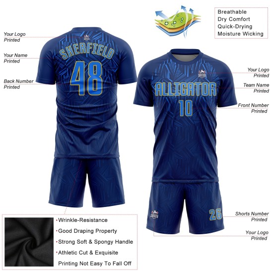 Maillot de football personnalisé à sublimation bleu marine royal et doré Maillot de football personnalisé à sublimation bleu marine royal et doré