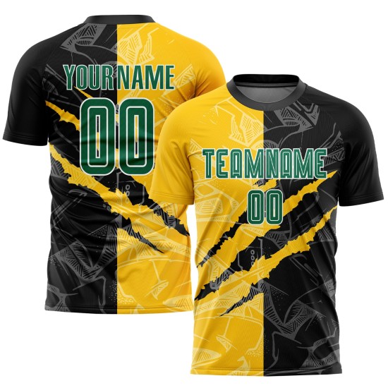 Maillot d'uniforme de football à motif graffiti personnalisé Kelly Green noir-jaune à gratter par sublimation Maillot d'uniforme de football à motif graffiti personnalisé Kelly Green noir-jaune à gratter par sublimation