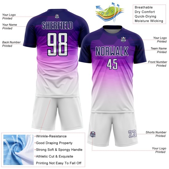 Maillot de football personnalisé à motif hexagonal dégradé violet foncé et blanc par sublimation Maillot de football personnalisé à motif hexagonal dégradé violet foncé et blanc par sublimation