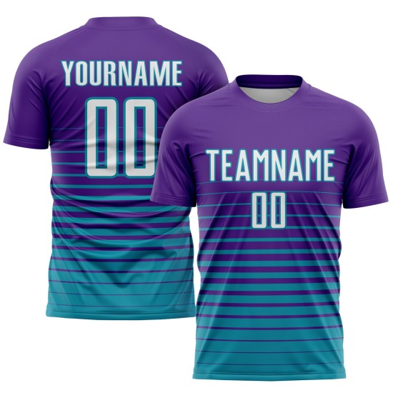 Maillot de football personnalisé à rayures violettes, blanches et bleu sarcelle, à sublimation tendance Maillot de football personnalisé à rayures violettes, blanches et bleu sarcelle, à sublimation tendance