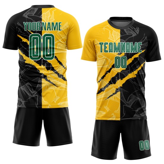 Maillot d'uniforme de football à motif graffiti personnalisé Kelly Green noir-jaune à gratter par sublimation Maillot d'uniforme de football à motif graffiti personnalisé Kelly Green noir-jaune à gratter par sublimation