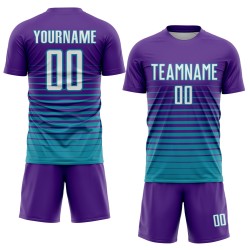 Maillot de football personnalisé à rayures violettes, blanches et bleu sarcelle, à sublimation tendance
